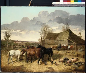 Paarden eten uit een voederbak, met varkens en kippen op een boerenerf