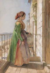 Een Grieks meisje op een balkon