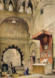 Cordoba: Monnik die bidt bij een christelijk altaar in de moskee, uit 