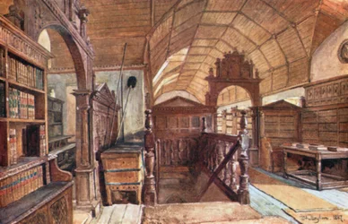 Interieur van de bibliotheek van Merton College (kleurenlitho)