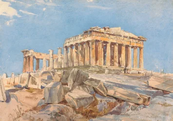 Het Parthenon vanaf het noordelijke uiteinde van de oostelijke portiek van de Propylaeën, avondlicht