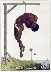 Een zwarte persoon levend opgehangen aan de ribben aan een galg, gepubliceerd 1796