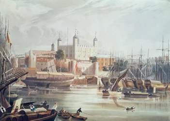 Uitzicht op de Tower of London, gegraveerd door Daniel Havell (1785-1826), gepubliceerd in Ackermann