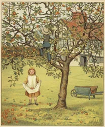 Kinderen plukken appels in de boomgaard (kleurenlitho)