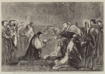 Bisschop Latimer presenteert een exemplaar van het Nieuwe Testament aan Hendrik VIII als nieuwjaarsgeschenk