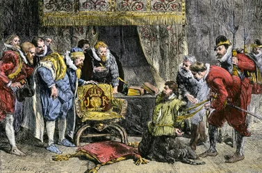 Guy Fawkes voor koning James I van Engeland na de Powder Conspiracy op 5 nov. 1605. 19e eeuw (gravure)
