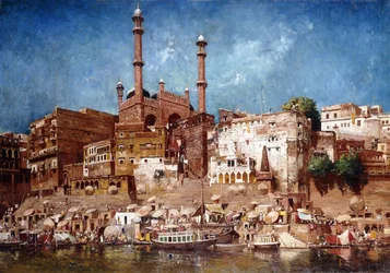 Een uitzicht op de ghats met de moskee van Aurangzeb, Benares