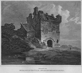 Overblijfselen van Morpeth Castle, Northumberland, 1814