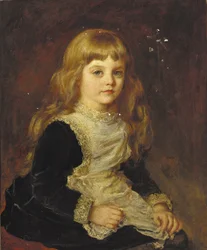 Portret van Sophie Beatrix Mary Cadogan, zittend in driekwartlengte, in een zwarte jurk met kanten schort