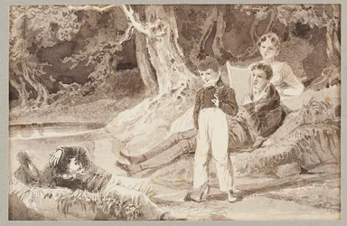 Vier figuren tussen de bomen op een hete dag, 1807