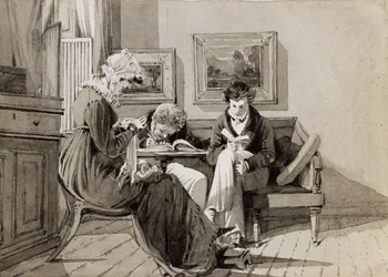 Sociale interieur in Brathay Hall, met Jessy Harden, Rev. Owen Lloyd en H. Almack, c.1827