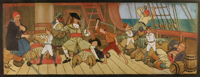 De Verloren Jongens in gevecht met de piraten en Peter in het laatste duel met kapitein Haak, illustratie uit Peter Pan, ca. 1906