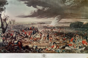 Het veld van Waterloo zoals het er uit zag de ochtend na de gedenkwaardige slag van 18 juni 1815, aquatint door M. Dubourg