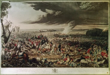 Het veld van Waterloo zoals het er uit zag de ochtend na de gedenkwaardige slag van 18 juni 1815, gegraveerd door M. Dubourg