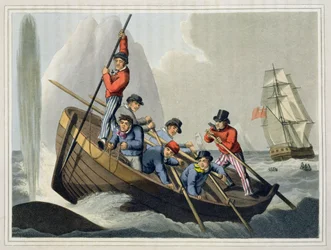 Een scheepsboot die een walvis aanvalt, gegraveerd door Matthew Dubourg, gepubliceerd door Edward Orme, 1813