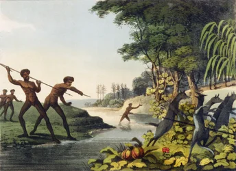 Kangoeroejacht, aboriginals in New South Wales gegraveerd door Matthew Dubourg, 1813