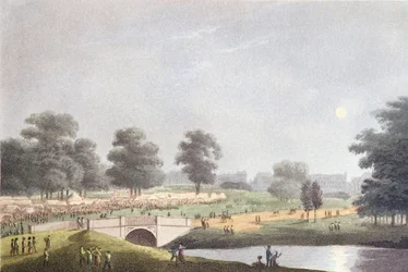 Het uitzicht op de kermis in Hyde Park, gegraveerd door Matthew Dubourg, 1 augustus 1814 (gekleurde gravure)