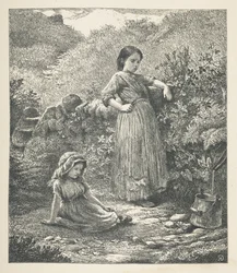 Plaat 16. Twee jonge meisjes. Nature Pictures. A series of thirty original illustrations drawn on wood by J. H. Dell, and engraved by R. Paterson