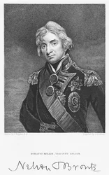 Portret van admiraal Horatio Nelson met zijn handtekening, gegraveerd door John Cochran