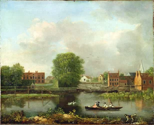 Een rivierlandschap, mogelijk een uitzicht vanaf het westelijke einde van de Rochesterbrug, 1800-10