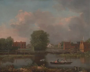 Een rivierlandschap, mogelijk een uitzicht vanaf het westelijke uiteinde van de Rochester-brug