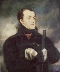 Portret van Kapitein Lyon, halve lengte, in een bontjas, met een geweer