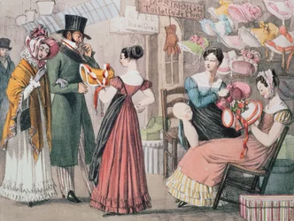 Bij de modewinkel, gedrukt door Charles Joseph Hullmandel, uitgegeven door Rodwell en Martin