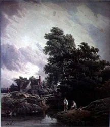 Landschap met Watermolen en Figuren