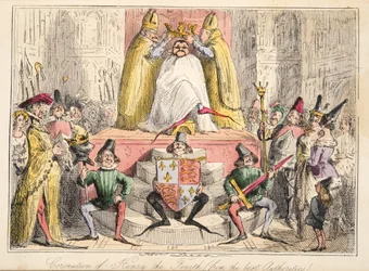 Kroning van Hendrik IV. (volgens de beste bronnen), uit The Comic History of England, uitgegeven 1864 (handgekleurde ets)