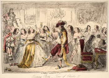 Avondfeest - Tijd van Karel de Tweede, uit The Comic History of England, uitgegeven 1864 (handgekleurde ets)