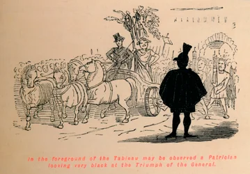 Op de voorgrond van het tableau is een patriciër te zien die zeer zwart kijkt naar de triomf van t