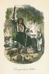 De Geest van Kerstmis Tegenwoordig verschijnt aan Scrooge. Illustratie door John Leech (1817-64) voor Charles Dickens