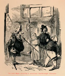 De Lord Mayor arresteert een verdachte Driekoningen-figuur, c. 1860