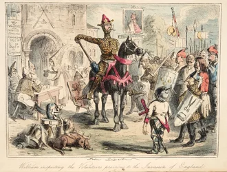 Willem de Veroveraar inspecteert de vrijwilligers voorafgaand aan de invasie van Engeland, uit The Comic History of England, uitgegeven 1864 (handgekleurde ets)