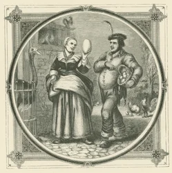 Een kip legt elke dag, maar een struisvogel slechts één keer per jaar (gravure)