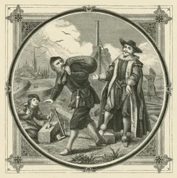 Een hele molen om een schepje graan te malen (gravure)