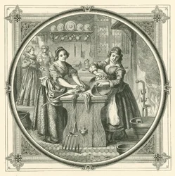 Wanneer slordige bedienden netjes worden, poetsen ze de bodems van de pannen (gravure)