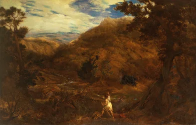 Een uitgestrekt bergachtig bebost landschap met David en de leeuw