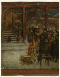 Groep zingende en musicerende figuren