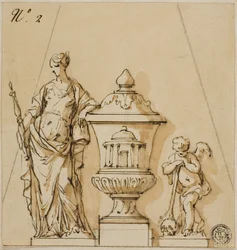 Ontwerp voor een grafmonument met lot, urn, putto