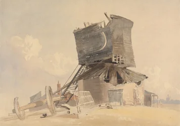 Een door storm beschadigde windmolen