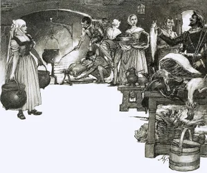 Koken boven open vuur in een Elizabethaanse keuken