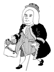 Georg Friedrich - George Frideric Händel - karikatuur van de Duitse (later Engelse) componist met een Union Jack hoed en Harrods tas