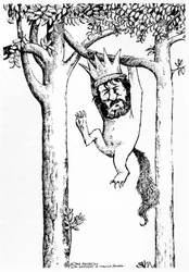 Oliver Knussen - karikatuur hangend aan een boom met kroon - Engels componist en dirigent - b