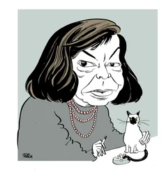 Patricia Highsmith - karikatuur met haar kat, rokend