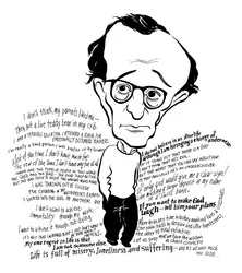 Woody Allen karikatuur, Amerikaans filmregisseur, schrijver, acteur, komiek en toneelschrijver: b