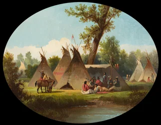 Assiniboin-kampement aan de bovenloop van de Missouri, ca. 1870