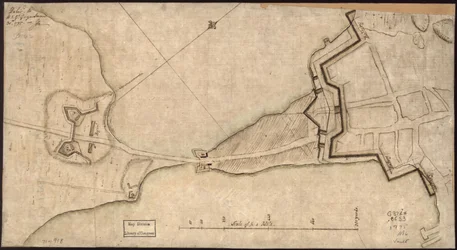 (Plan van de "Hals" en fortificaties) Geleverd aan H.E. Gl. Gage, 30 juni. 1775.-J.M. LOC gm71000918