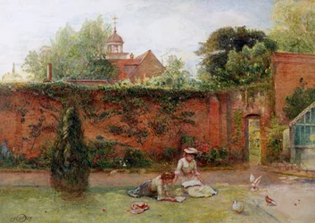 Een ommuurde tuin. Twee jonge tieners lezen in een volgroeide tuin. Vogels naderen hen. Schilderij door John Parker (1839-1915) Privécollectie