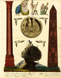 Uitzicht op de Sfinx bij de Piramiden in Gizeh: een Patera beladen met de Portretten van Osiris en Isis;en Sculpturen van Egyptische Muzikanten;Pompey